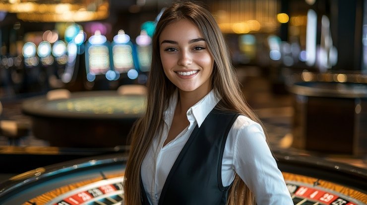 Live dealer at blackjack table with multiple camera angles displayed on screen